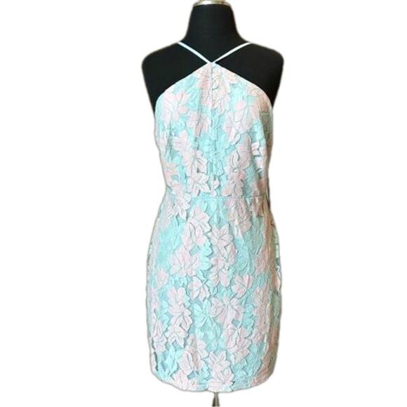 Lulu's Loving Thoughts Light Blue & Pink Halter Neck Lace Mini Dress Size M - Picture 1 of 16